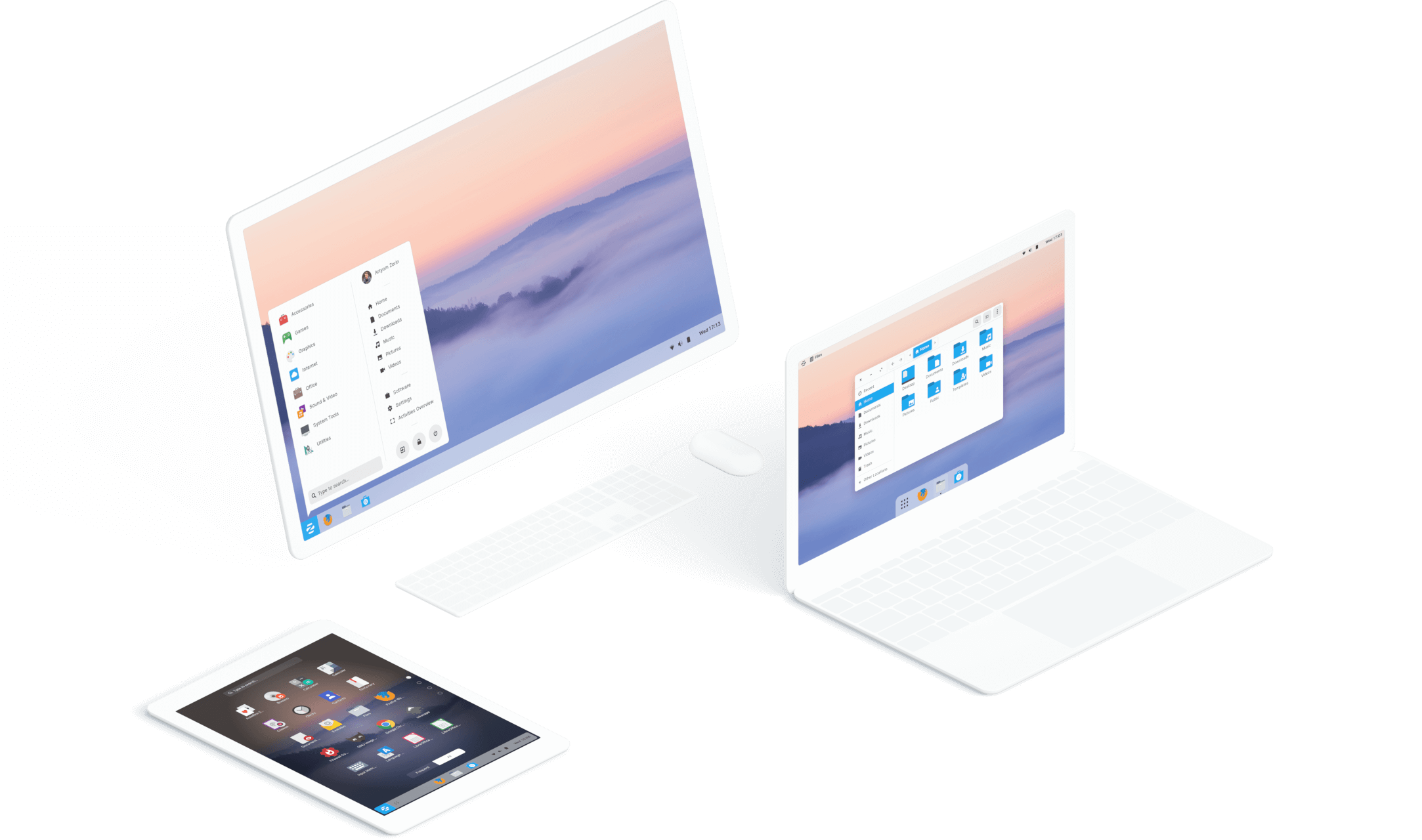 Zorin OS on a desktop, laptop, and tablet